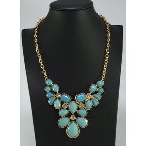 Cluster Statement Necklace with Teal Faceted Plastic Cabochons and Rhinestones